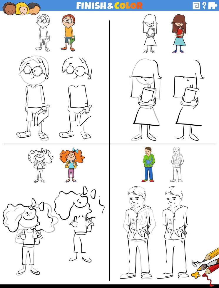 dessin et coloration feuilles de travail ensemble avec les enfants personnages vecteur