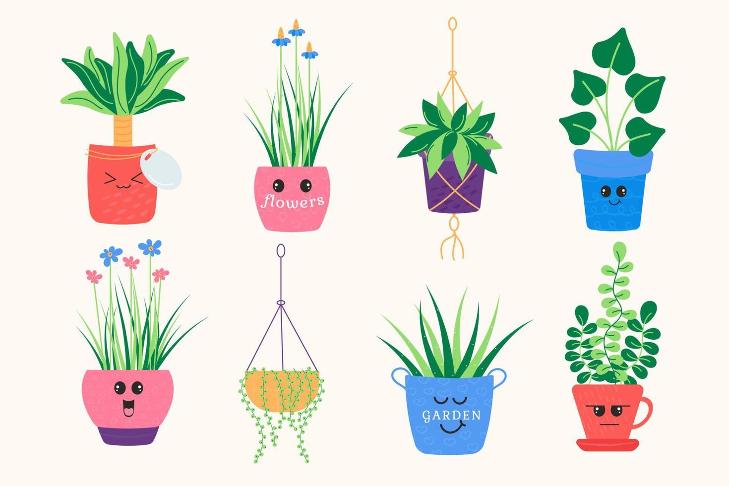 marrant kawaii de différent les plantes. dessin animé les plantes vecteur