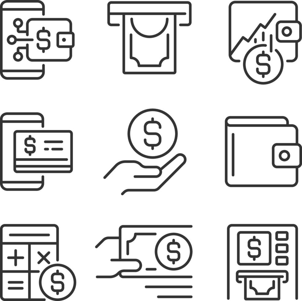 financier la gestion pixel parfait linéaire Icônes ensemble. se retirer en espèces de au m. investissement croissance. personnalisable mince ligne symboles. isolé vecteur contour illustrations. modifiable accident vasculaire cérébral