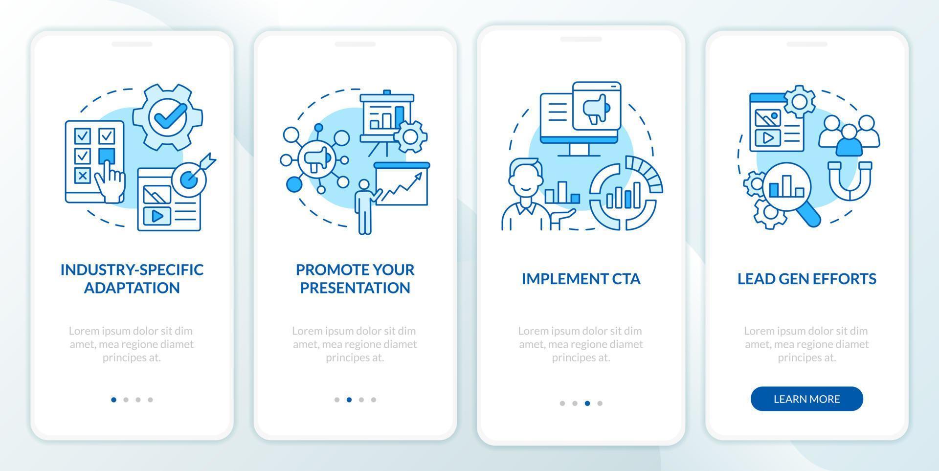 commercialisation Cas étude bleu l'intégration mobile app filtrer. affaires procédure pas à pas 4 pas modifiable graphique instructions avec linéaire concepts. interface utilisateur, ux, gui modèle vecteur