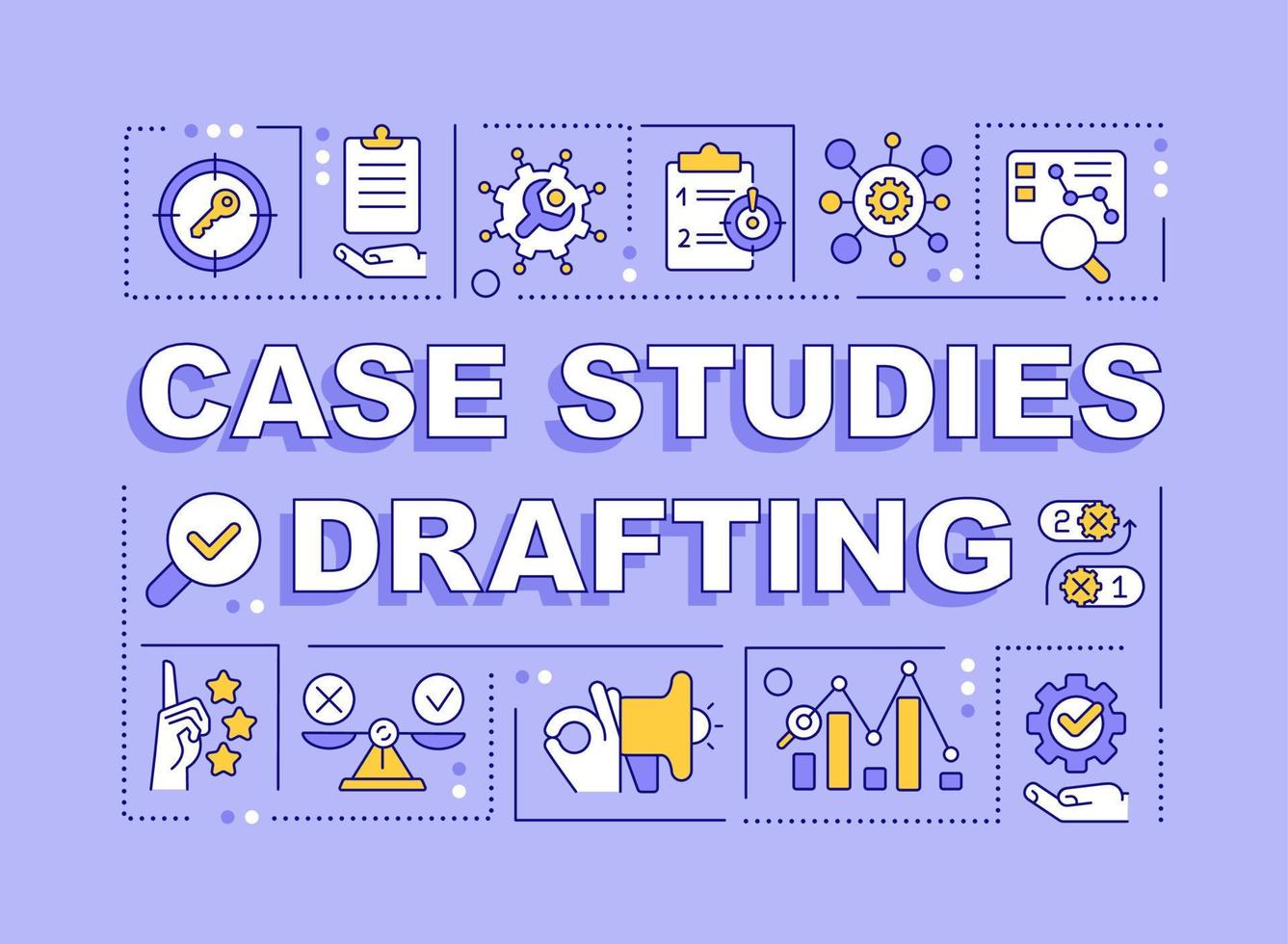 Cas études rédaction mot concepts violet bannière. complémentation. infographie avec modifiable Icônes sur Couleur Contexte. isolé typographie. vecteur illustration avec texte