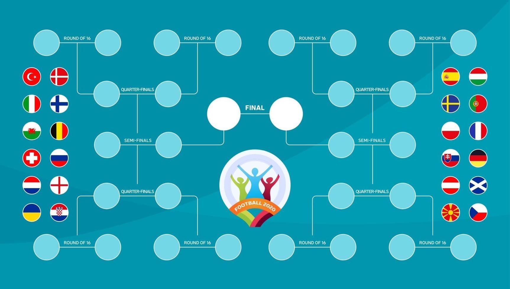 calendrier des matches, modèle pour le web, impression, tableau des résultats de football, drapeaux des pays européens participant au tournoi final du championnat européen de football 2020. illustration vectorielle vecteur