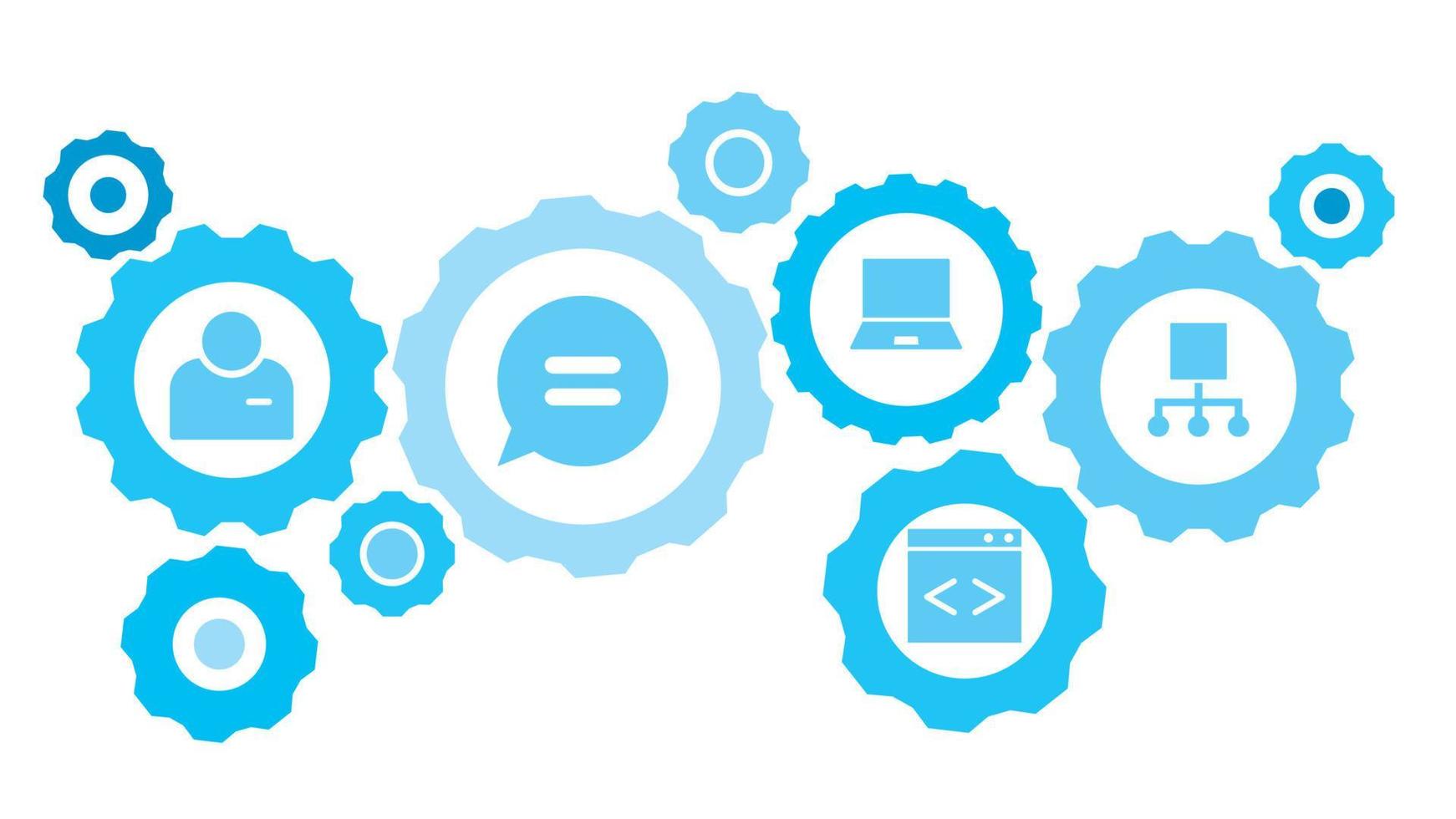 connecté engrenages et vecteur Icônes pour la logistique, service, expédition, distribution, transport, marché, communiquer concepts. hiérarchique, réseau équipement bleu icône ensemble sur blanc Contexte