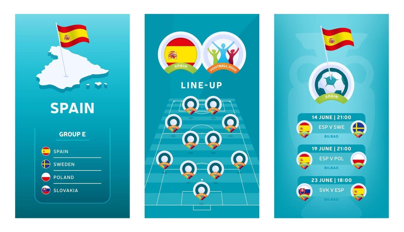 bannière verticale de football européen 2020 pour les médias sociaux. bannière du groupe e espagne avec carte isométrique, drapeau, calendrier des matchs et alignement sur le terrain de football vecteur