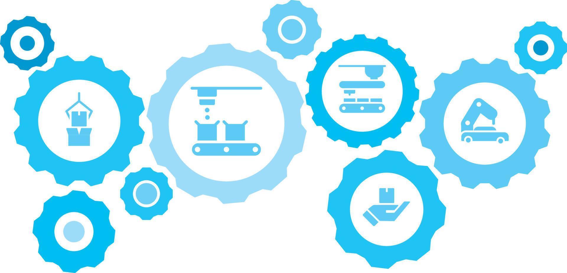 connecté engrenages et vecteur Icônes pour la logistique, service, expédition, distribution, transport, marché, communiquer concepts. masse, production, voiture équipement bleu icône ensemble sur blanc Contexte