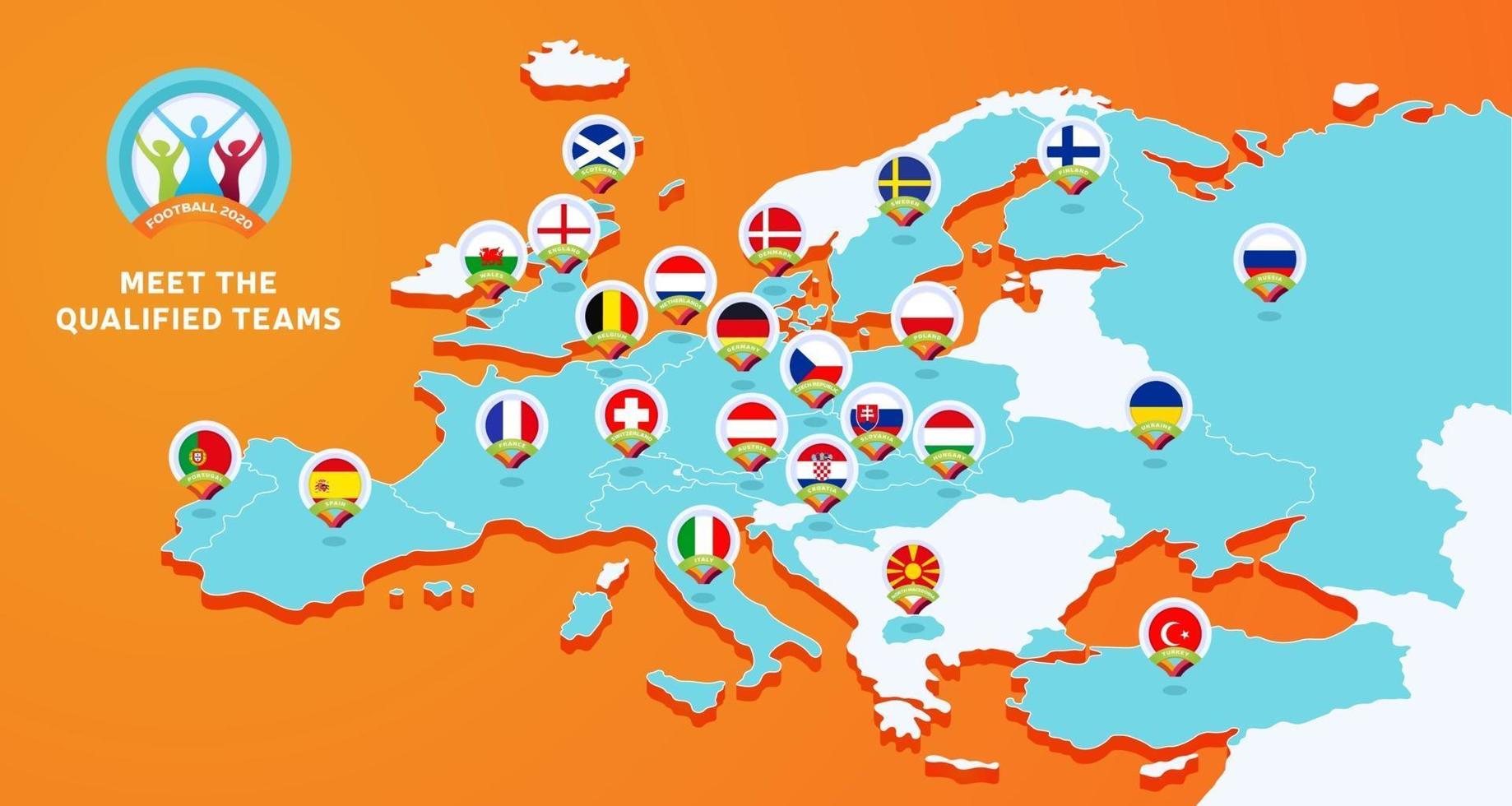 europe carte isométrique drapeau national football 2020 vecteur