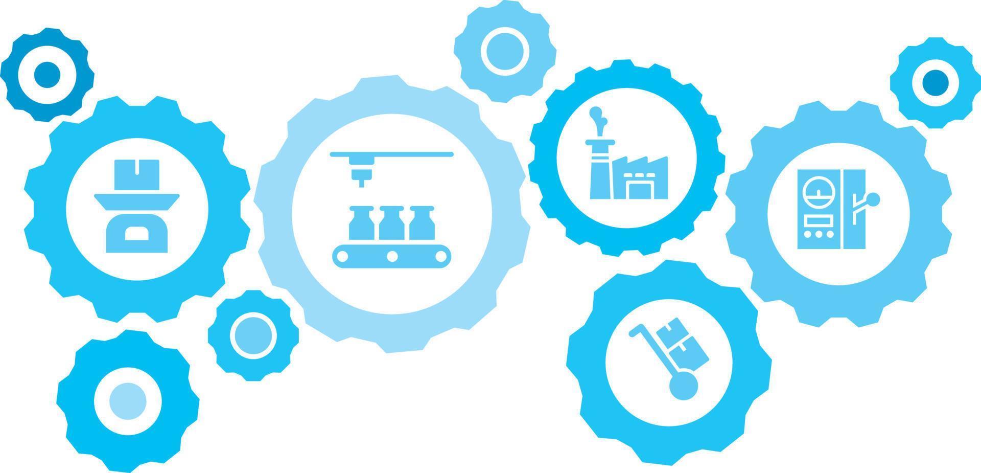 connecté engrenages et vecteur Icônes pour la logistique, service, expédition, distribution, transport, marché, communiquer concepts. masse, production, contrôle panneau équipement bleu icône ensemble sur blanc Contexte