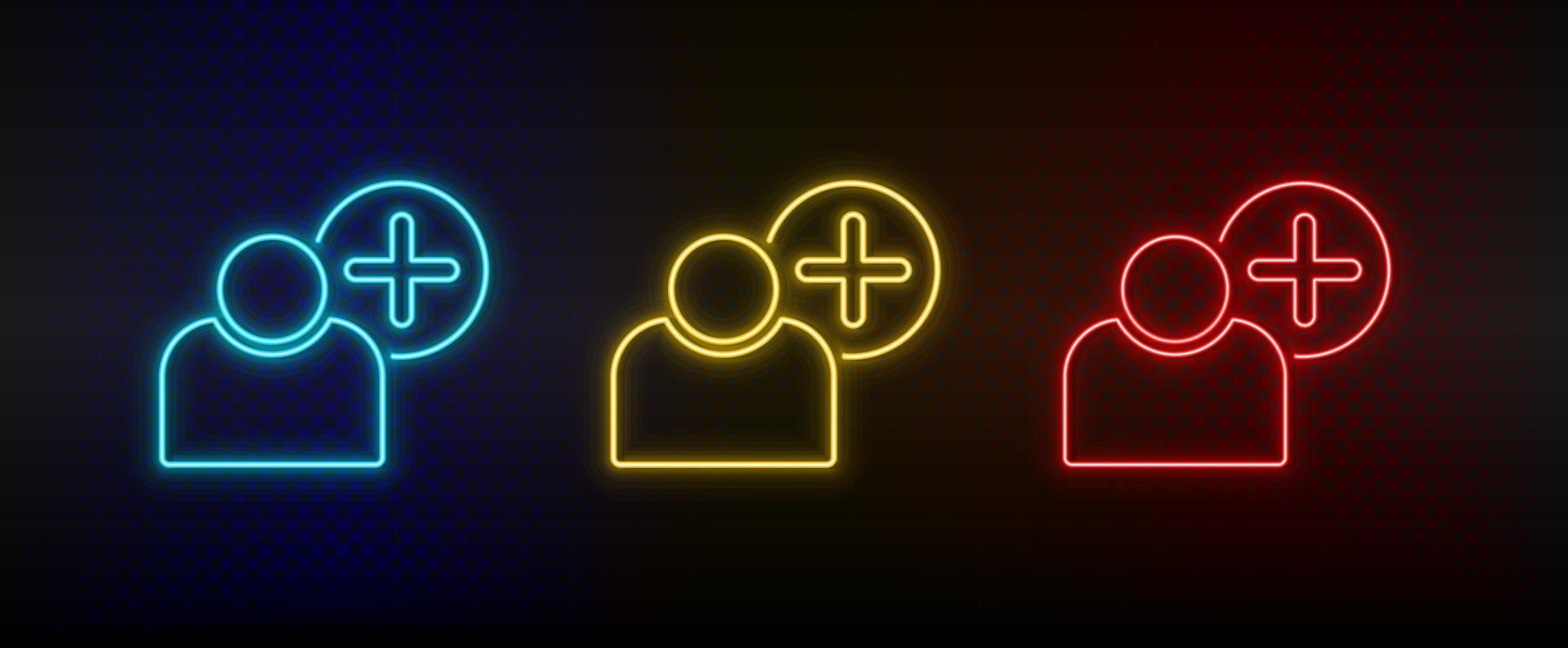 néon icône ensemble ajouter, utilisateur. ensemble de rouge, bleu, Jaune néon vecteur icône sur foncé transparent Contexte