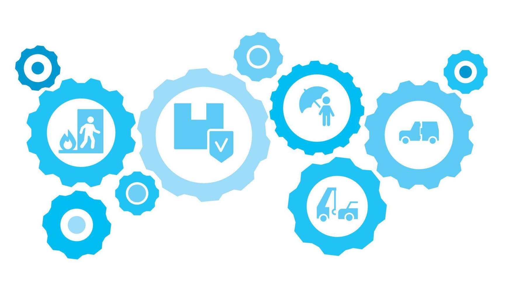 connecté engrenages et Icônes pour la logistique, service, expédition, distribution, transport, marché, communiquer concepts. auto, écart, assurance, véhicule équipement bleu icône ensemble sur blanc Contexte vecteur