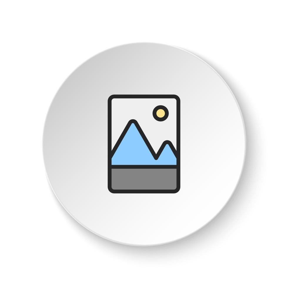 rond bouton pour la toile icône, montagnes, photo. bouton bannière rond, badge interface pour application illustration sur blanc Contexte vecteur