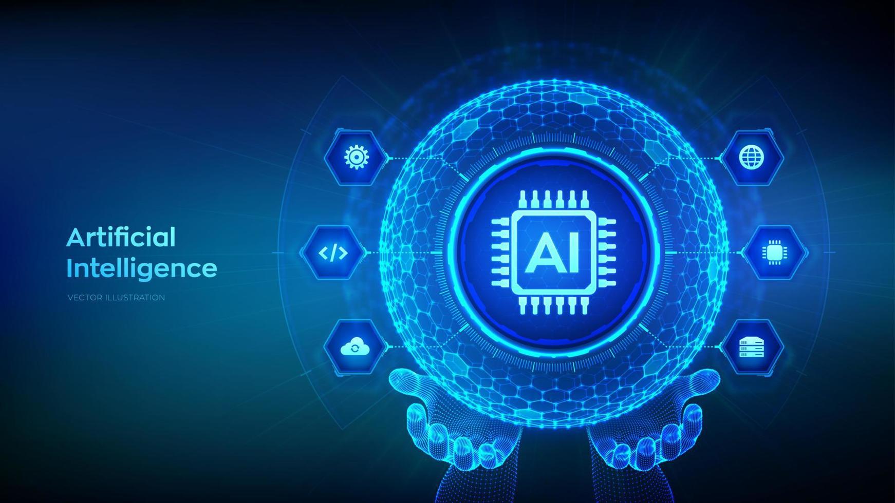 ai. artificiel intelligence dans le forme de sphère avec hexagone la grille modèle dans filaire mains. machine apprentissage concept. gros données. neural réseaux. ai et virtuel technologie. vecteur illustration.