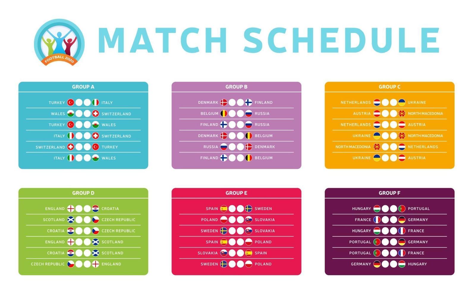 football 2020 tournoi final stade groupes vector illustration stock avec calendrier des matchs. Table de tournoi de football européen 2020 avec fond. drapeaux de pays de vecteur