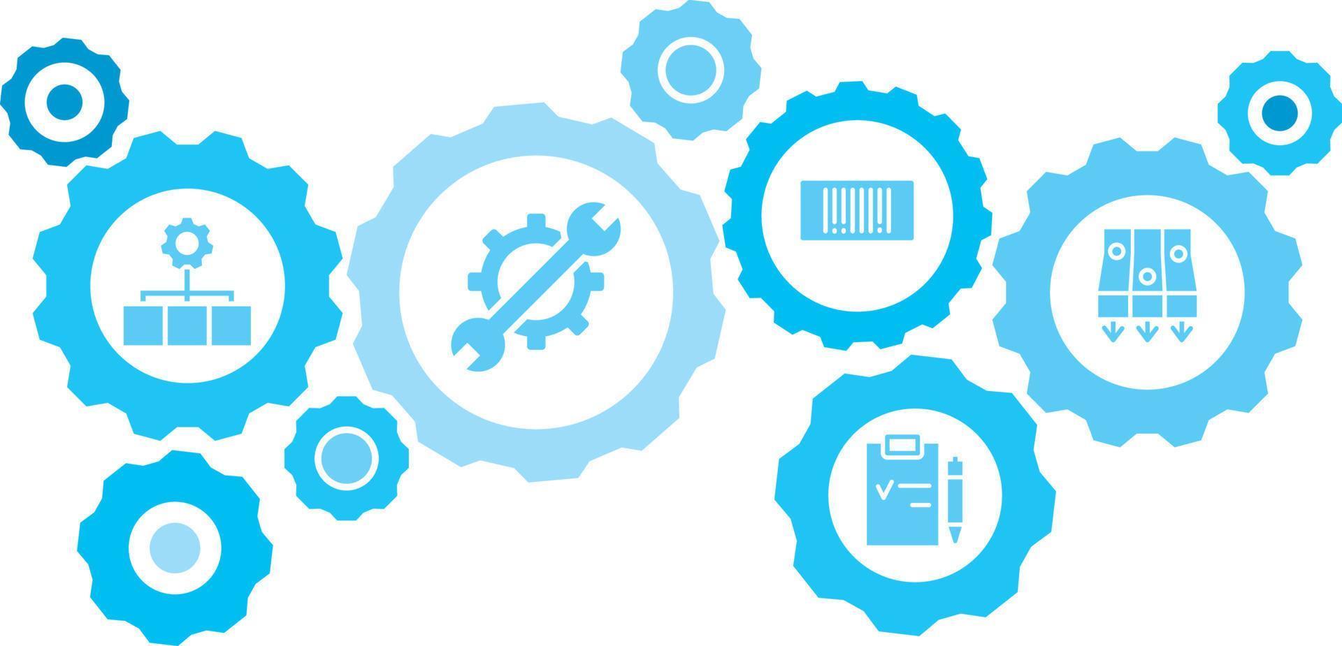 connecté engrenages et vecteur Icônes pour la logistique, service, expédition, distribution, transport, marché, communiquer concepts. masse, production, convoyeur équipement bleu icône ensemble sur blanc Contexte