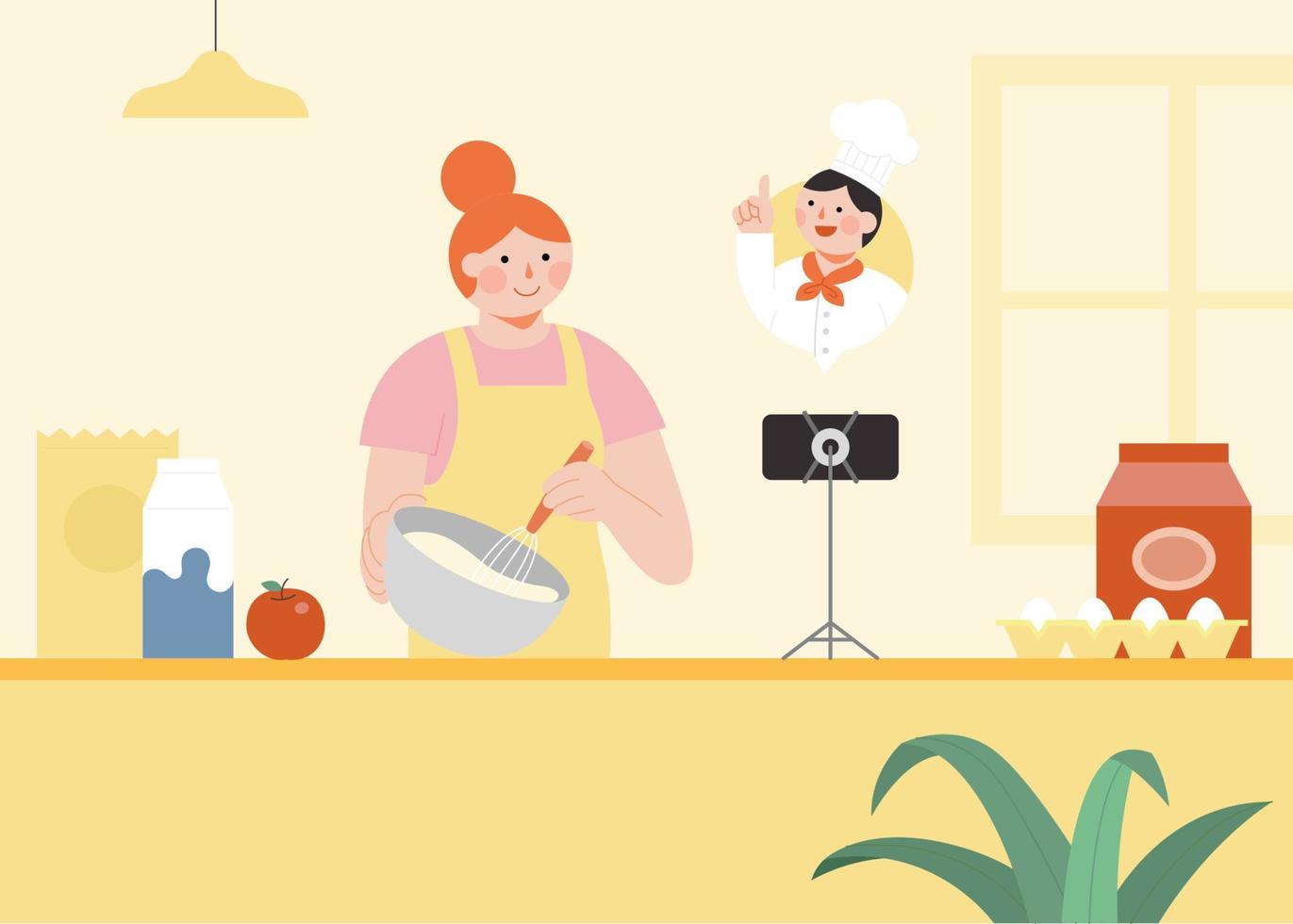 Jeune femme est permanent dans le cuisine et en train de regarder cuisson tutoriels ou apprentissage de en ligne cuisine Des classes. vecteur