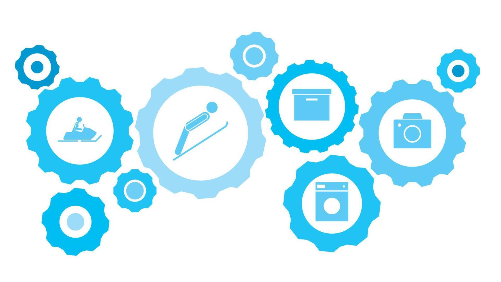 vieux numérique caméra équipement bleu icône ensemble. abstrait Contexte avec connecté engrenages et Icônes pour la logistique, service, expédition, distribution, transport, marché, communiquer concepts vecteur