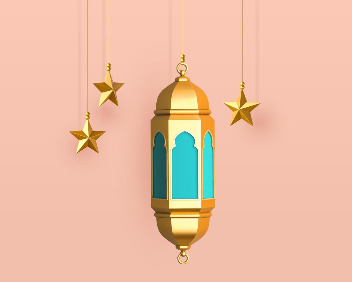 3d pendaison Ramadan lanterne et étoile décorations. islamique objet collection isolé sur rose Contexte. vecteur
