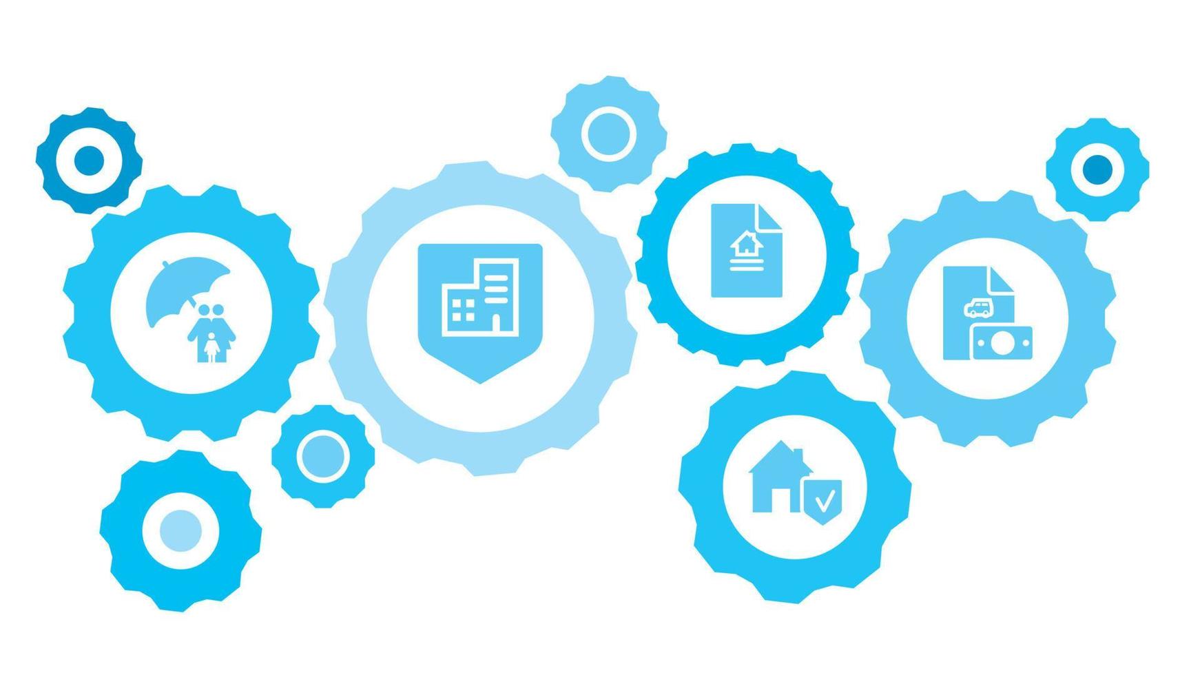 connecté engrenages et Icônes pour la logistique, service, expédition, distribution, transport, marché, communiquer concepts. suie, voiture, assurance, politique équipement bleu icône ensemble sur blanc Contexte vecteur