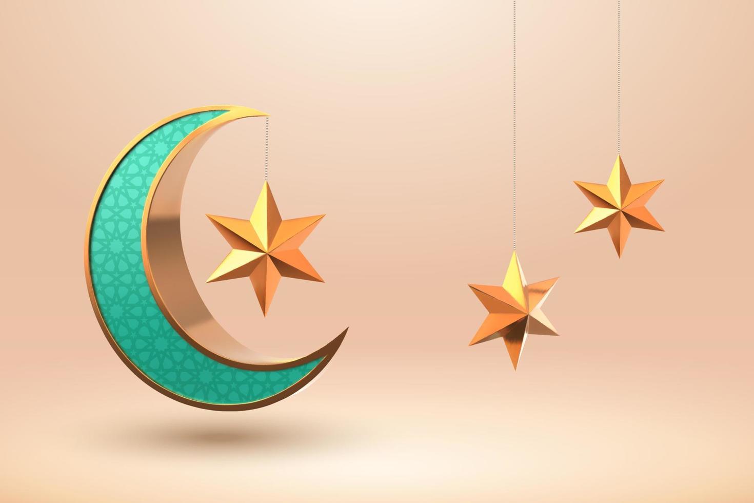 3d illustration de une turquoise croissant lune avec arabesque modèle et étoiles ornement, conception éléments pour islamique vacances vecteur