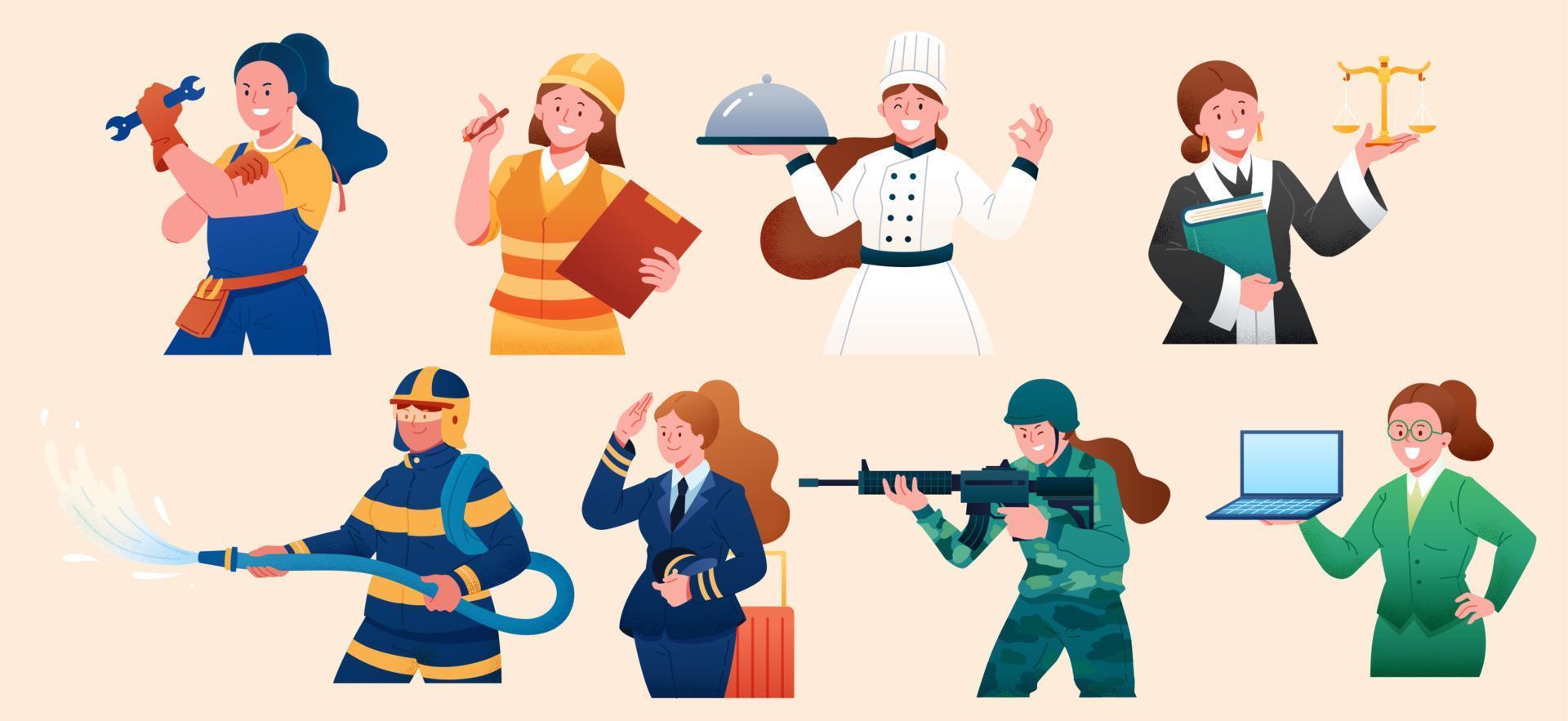 femelle dans diverse les professions. personnage des illustrations de technicien, construction ouvrier, chef, avocat, sapeur pompier, pilote, soldat et femme d'affaires. vecteur