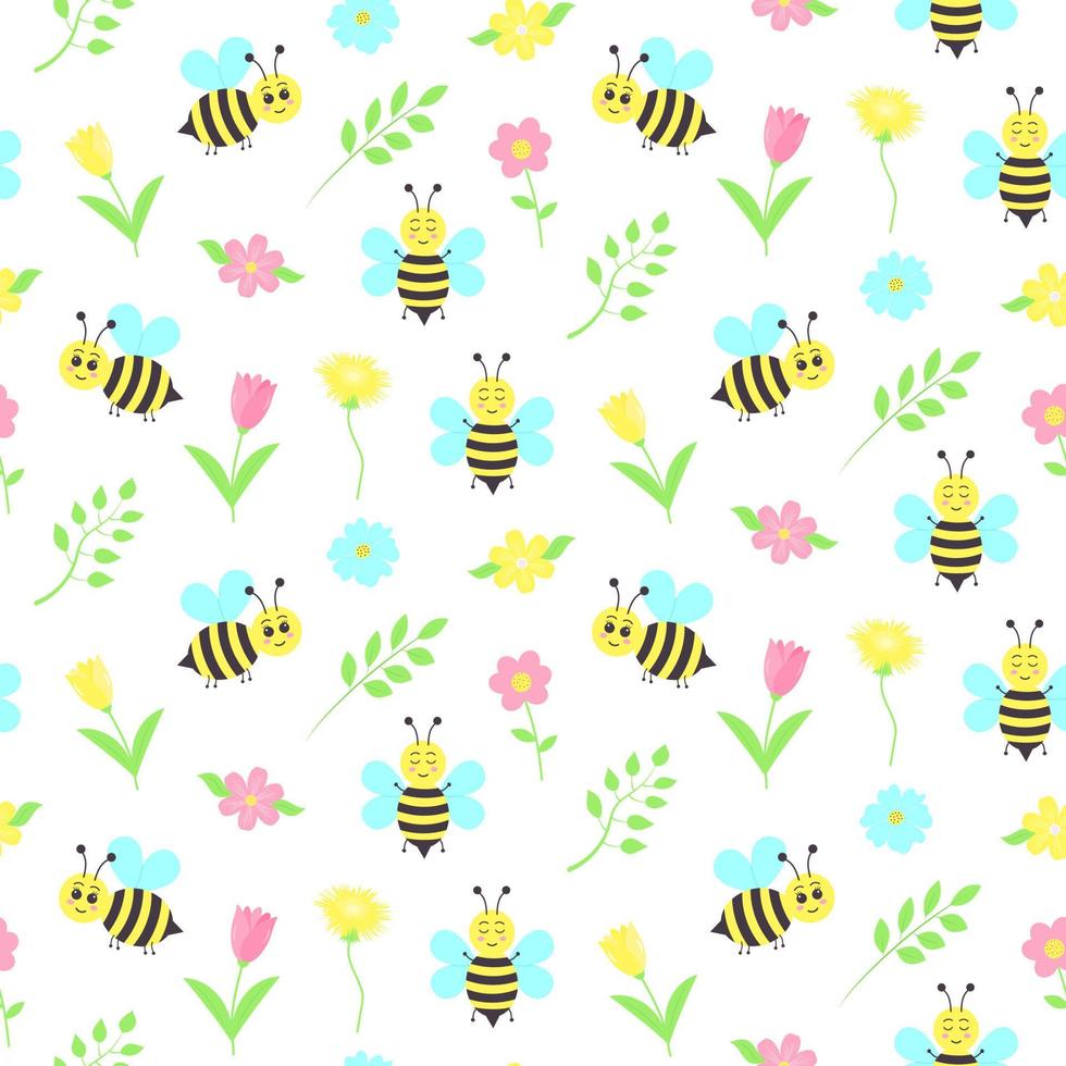 sans couture modèle avec mignonne dessin animé les abeilles, tulipes, pissenlits, fleurs et brindilles. mignonne main tiré floral modèle. vecteur