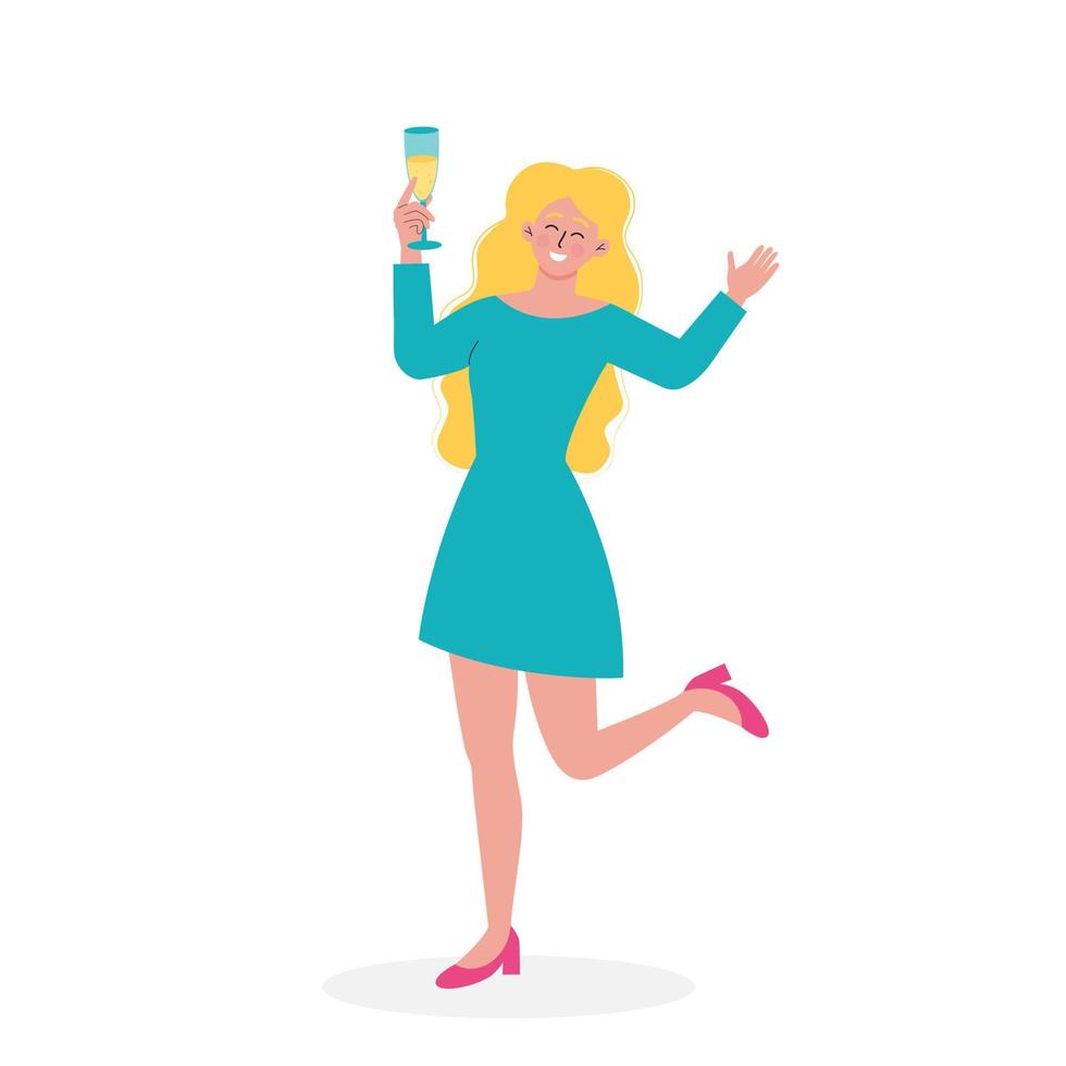 Jeune femme avec verre de Champagne est ayant amusement. fête, faire la fête, anniversaire, anniversaire, vacances, un événement concept. vecteur