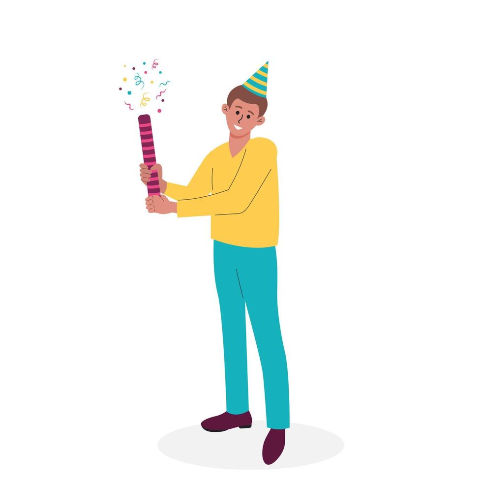 homme dans une papier chapeau en portant clap avec confettis. fête, faire la fête, anniversaire, anniversaire, vacances, événement, Date concept. vecteur