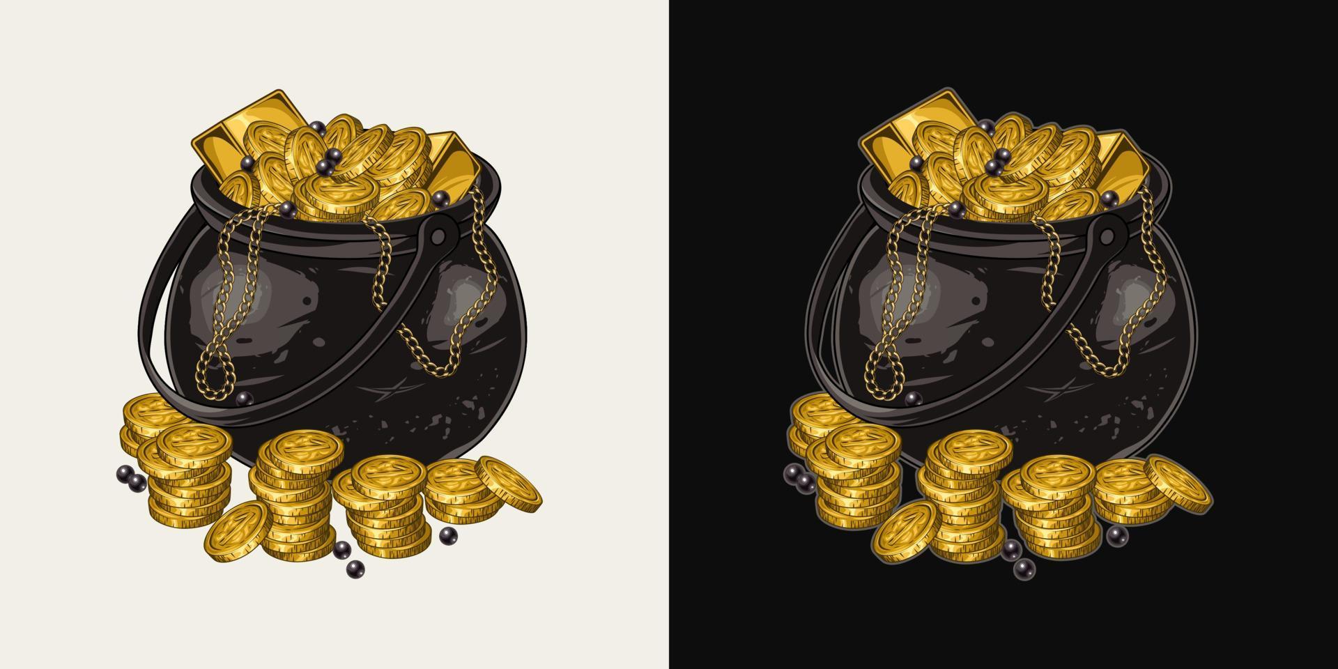 jeter le fer pot plein de or pièces de monnaie, lingots, noir perles, d'or Chaînes dans ancien style. détaillé vecteur illustration pour patricks jour, Trésor chasse, aventure.