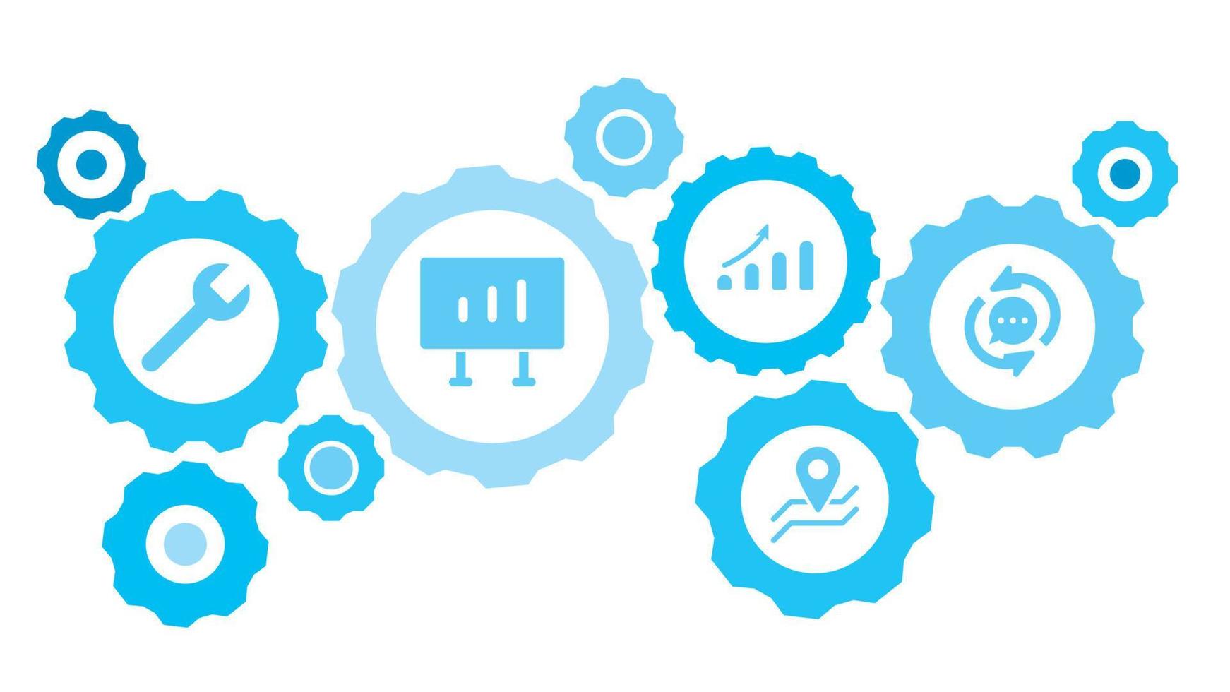 connecté engrenages et vecteur Icônes pour la logistique, service, expédition, distribution, transport, marché, communiquer concepts. bulle discuter, rafraîchir équipement bleu icône ensemble sur blanc Contexte