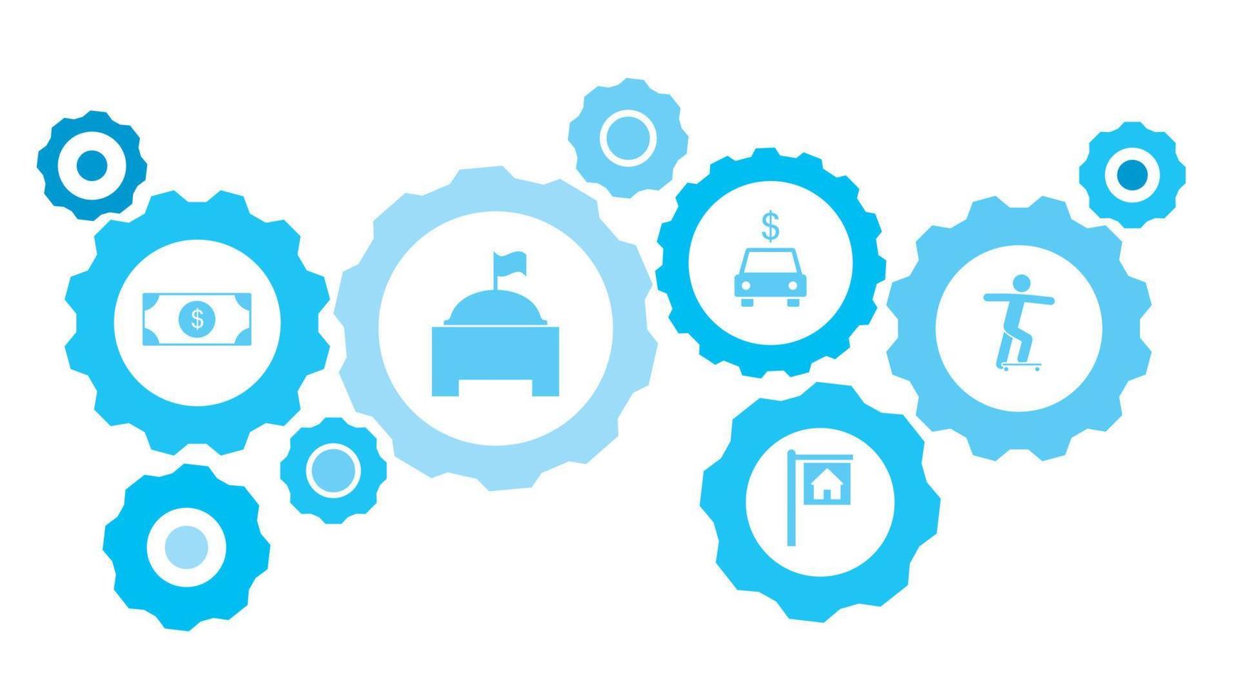 planche à roulette équipement bleu icône ensemble. abstrait Contexte avec connecté engrenages et Icônes pour la logistique, service, expédition, distribution, transport, marché, communiquer concepts vecteur