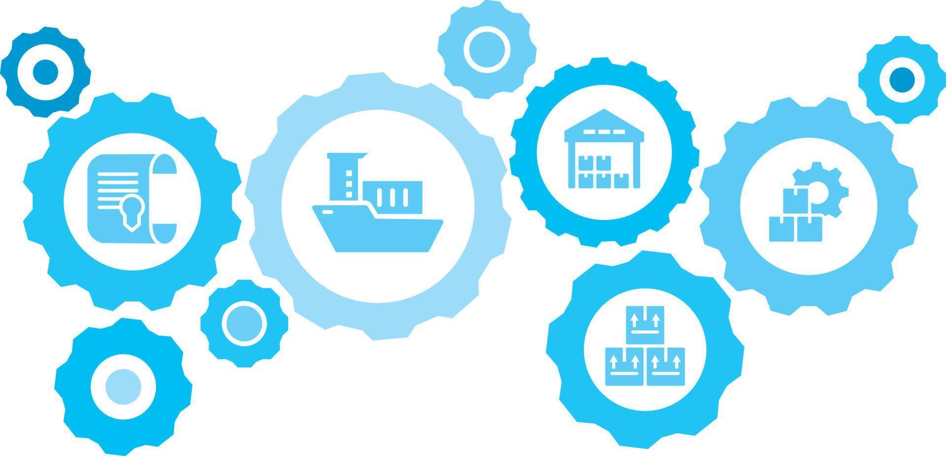 connecté engrenages et vecteur Icônes pour la logistique, service, expédition, distribution, transport, marché, communiquer concepts. masse, production, des boites équipement bleu icône ensemble sur blanc Contexte