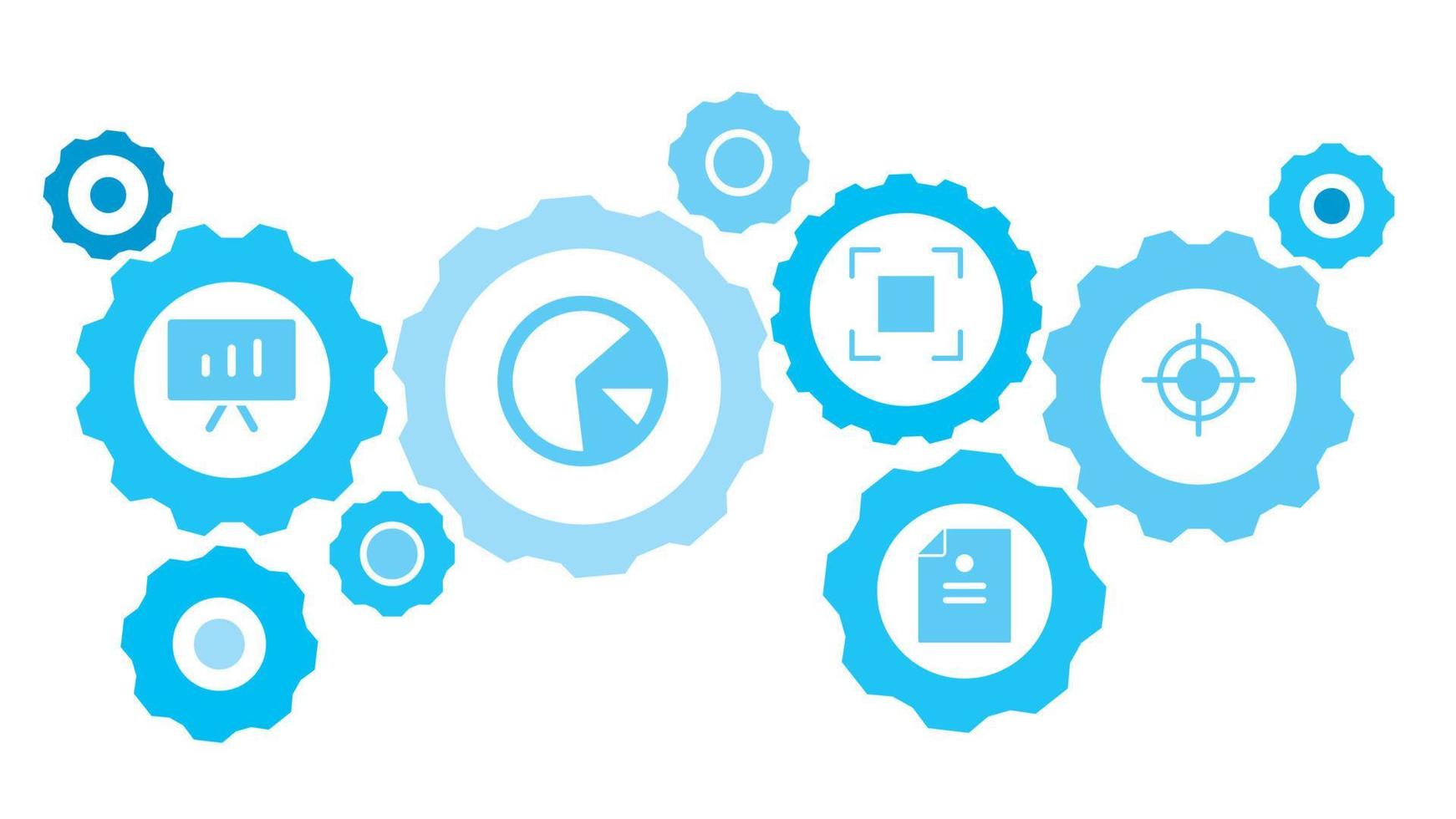 connecté engrenages et vecteur Icônes pour la logistique, service, expédition, distribution, transport, marché, communiquer concepts. œil de boeuf, jeu de fléchettes équipement bleu icône ensemble sur blanc Contexte