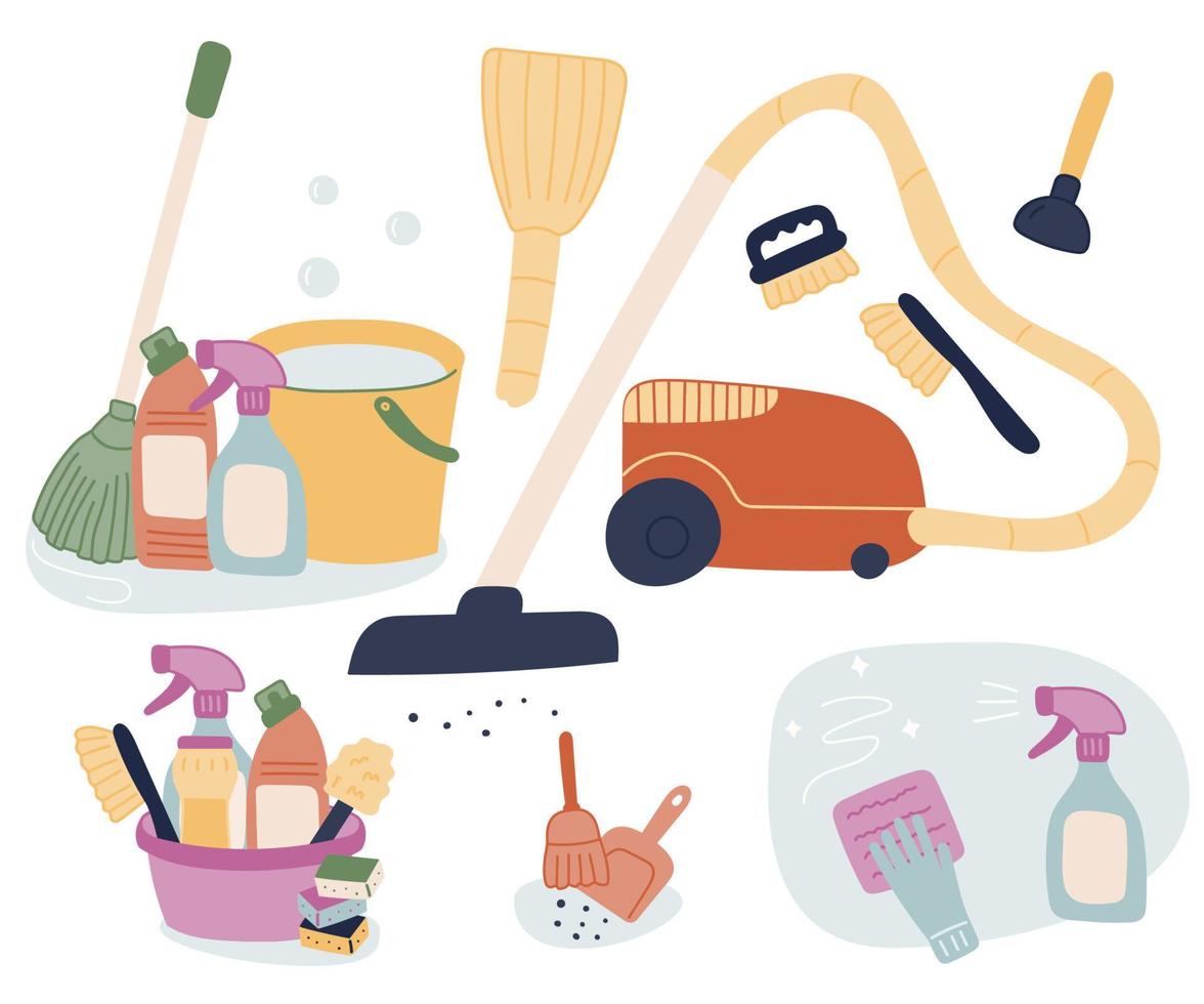 une ensemble de outils pour nettoyage le maison - une vide nettoyeur, une balai, une piston, pinceaux, une bassin, une seau, une serpillière. vecteur