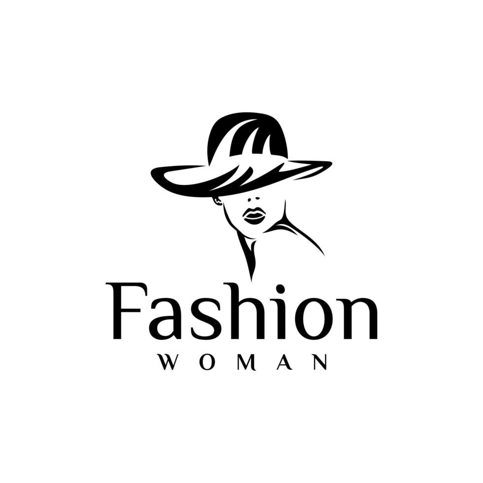 mode logo conception. impressionnant une mode silhouette. une mode logotype.femme avec chapeau logo conception vecteur