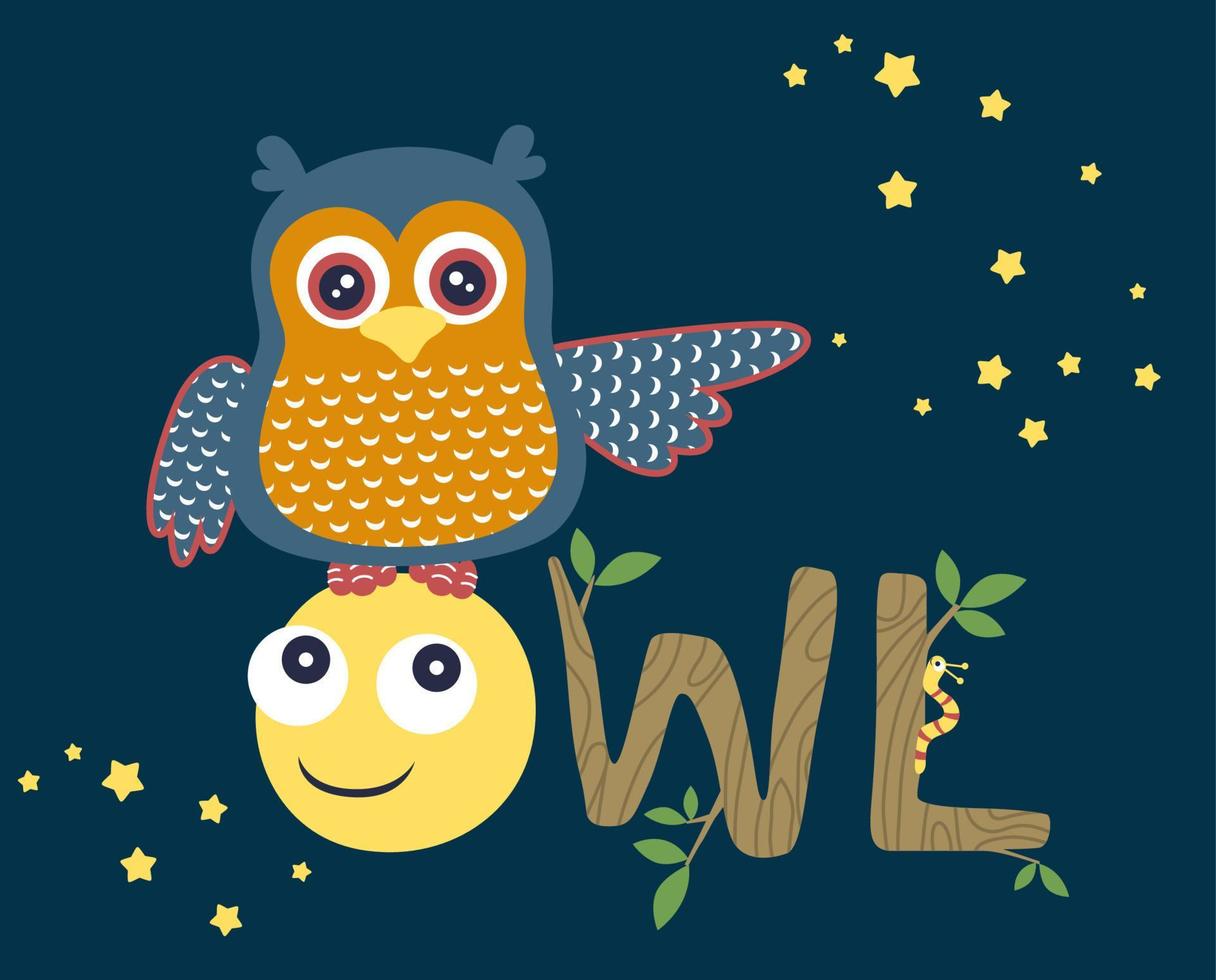 marrant hibou dessin animé perche sur souriant lune à nuit, chenille se glisser sur en bois alphabet vecteur