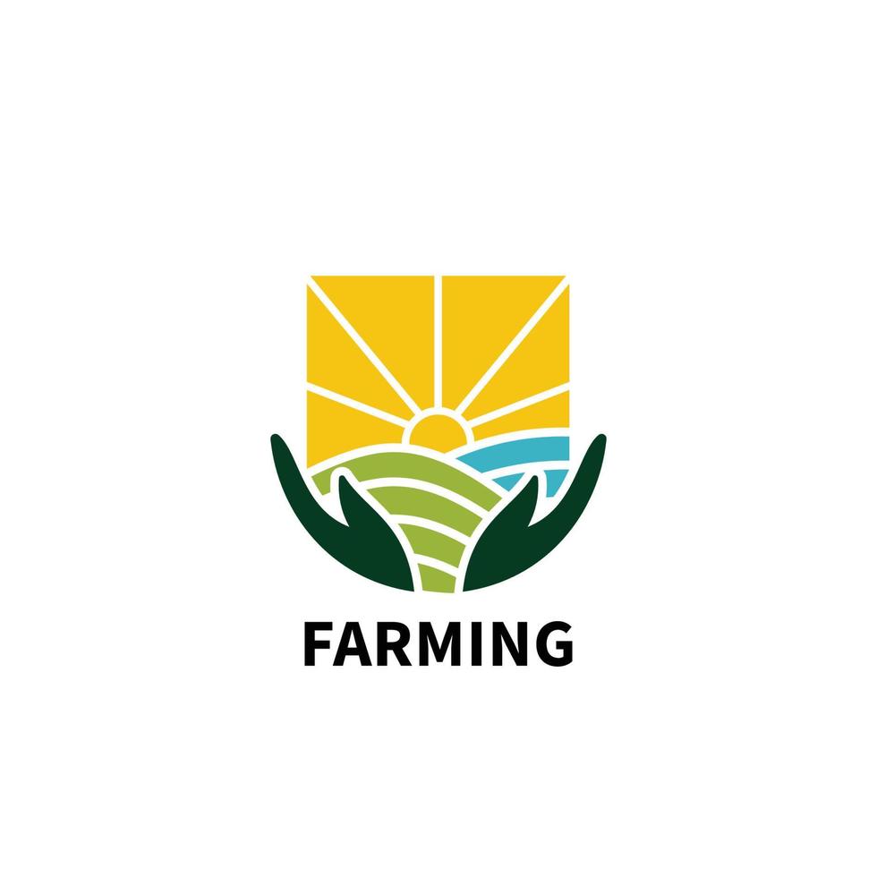 Soleil ferme champ, été agriculture récolte logo conception vecteur