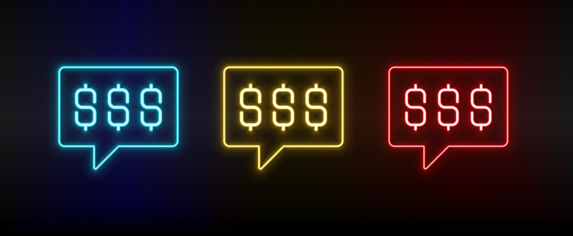 néon icône ensemble discuter, bavarder bulle, dollars, argent. ensemble de rouge, bleu, Jaune néon vecteur icône sur foncé transparent Contexte