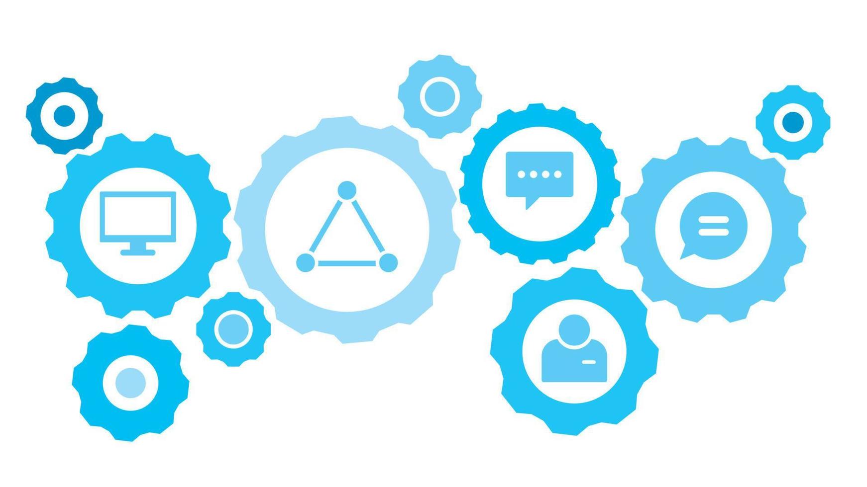 connecté engrenages et vecteur Icônes pour la logistique, service, expédition, distribution, transport, marché, communiquer concepts. discuter, bavarder bulle équipement bleu icône ensemble sur blanc Contexte