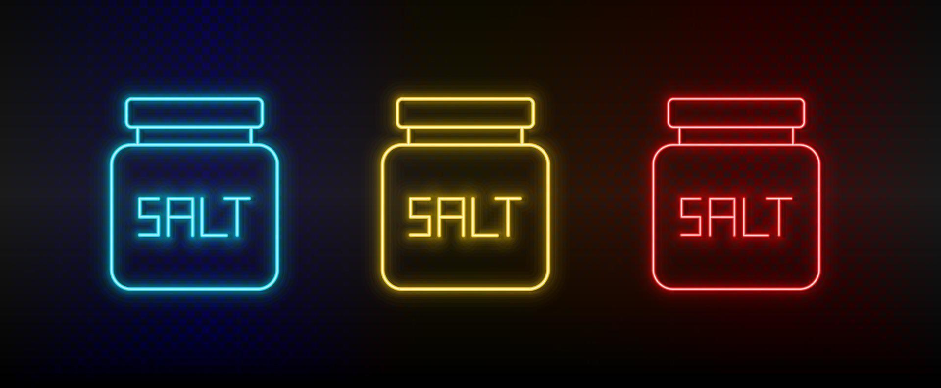 néon icône ensemble sel, bouteille. ensemble de rouge, bleu, Jaune néon vecteur icône sur foncé Contexte