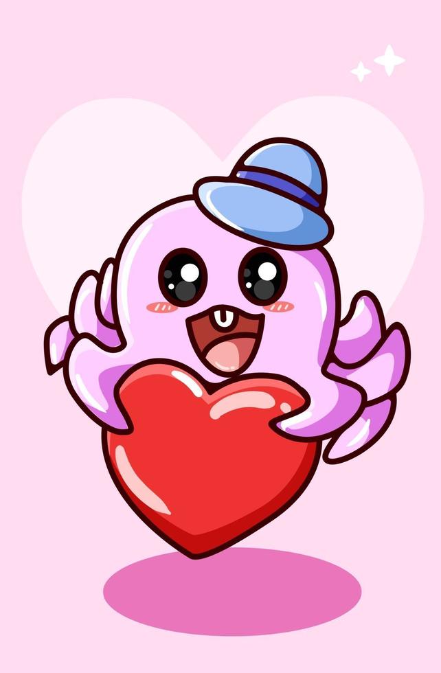 poulpe heureux et kawaii apporte le coeur, illustration de dessin animé de la saint valentin vecteur