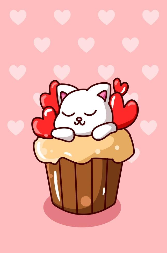 chat kawaii sur le petit gâteau avec illustration de dessin animé de petits coeurs vecteur