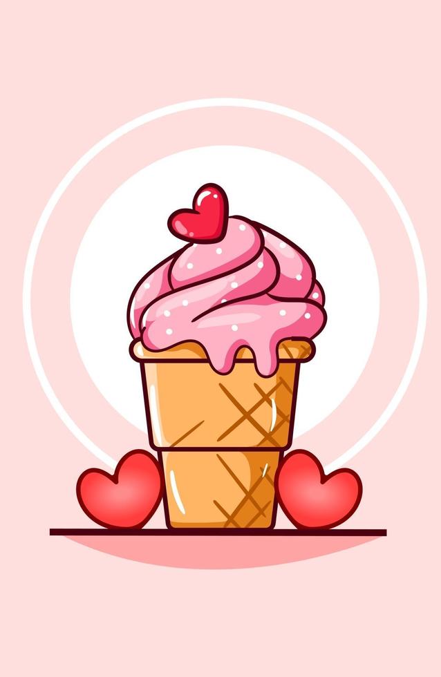 crème glacée de la saint-valentin avec illustration de dessin animé de petits coeurs vecteur