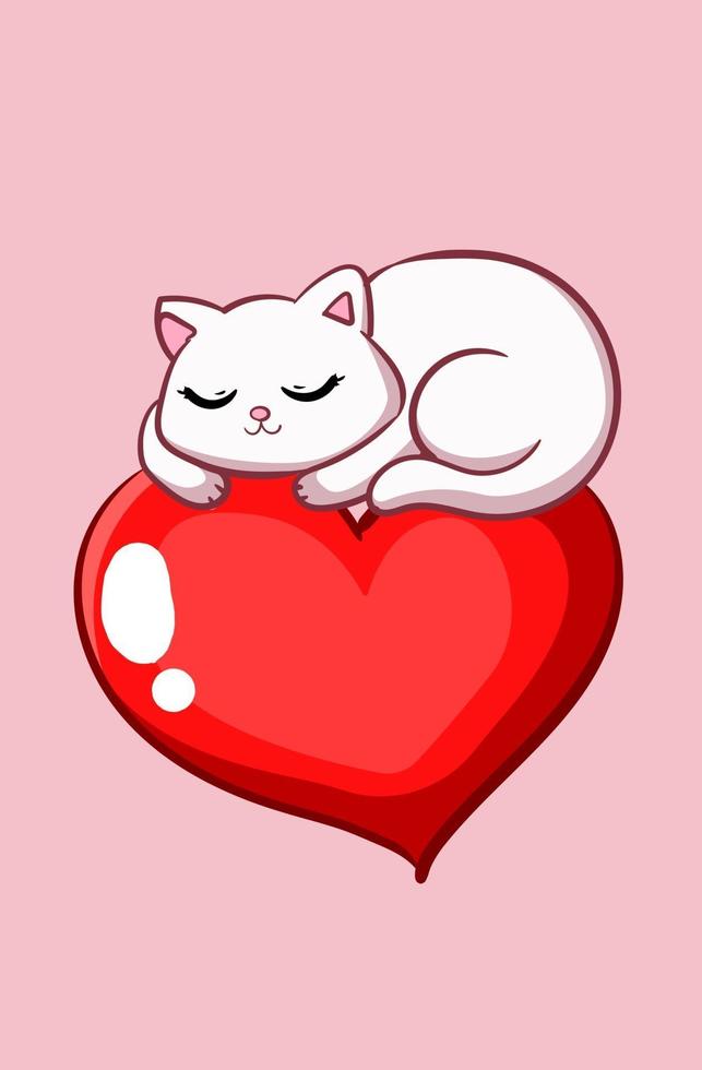 un chat mignon dort sur une illustration de dessin animé de grand coeur vecteur