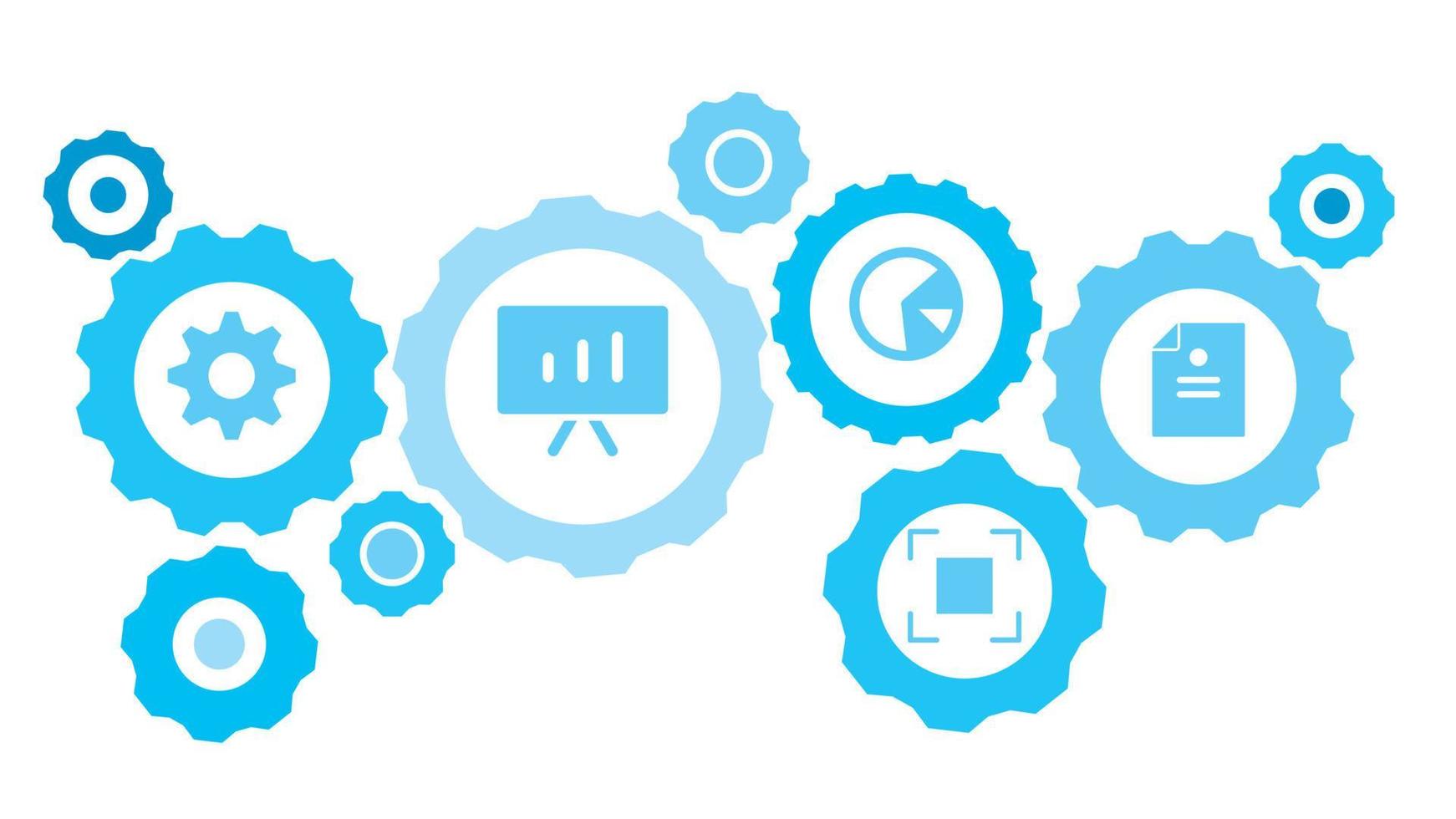 connecté engrenages et vecteur Icônes pour la logistique, service, expédition, distribution, transport, marché, communiquer concepts. entreprise, analyse, rapport équipement bleu icône ensemble sur blanc Contexte