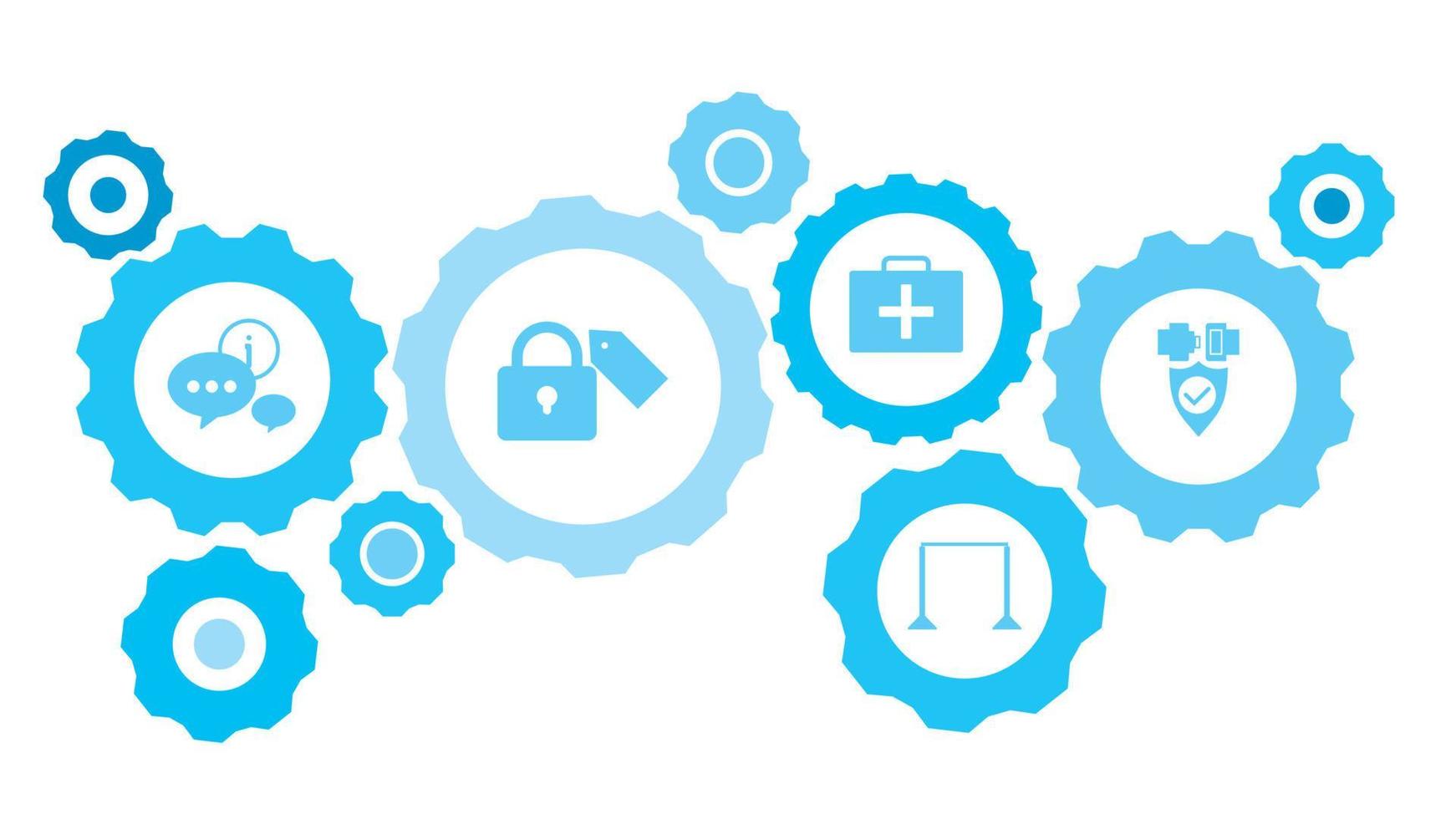 connecté engrenages et vecteur Icônes pour la logistique, service, expédition, distribution, transport, marché, communiquer concepts. ouvriers, réparation équipement bleu icône ensemble icône sur foncé Contexte