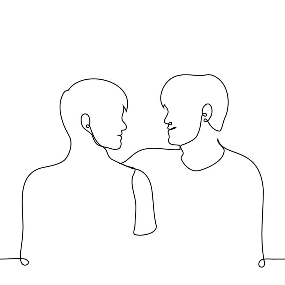 Hommes asseoir visage à visage et sourire, un câlins le autre - un ligne dessin vecteur. amis, les amoureux concept vecteur