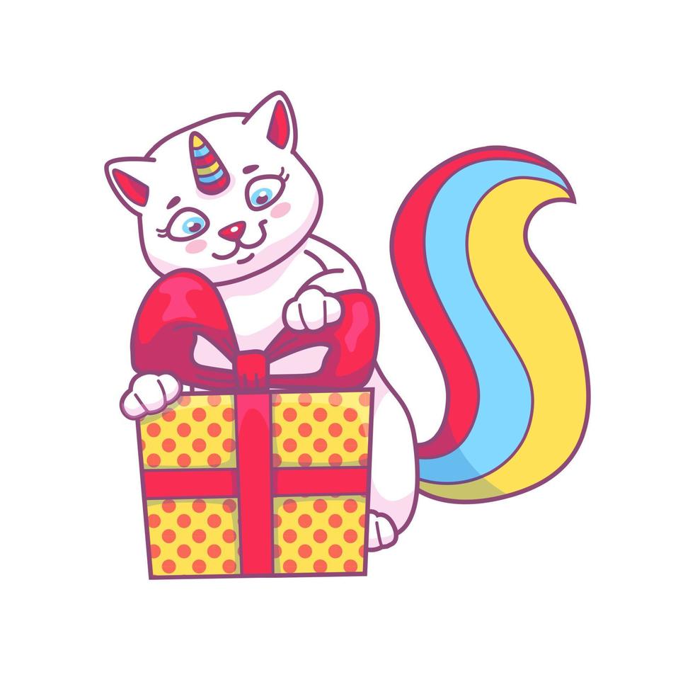 mignonne dessin animé caticorn personnage avec cadeau boîte vecteur