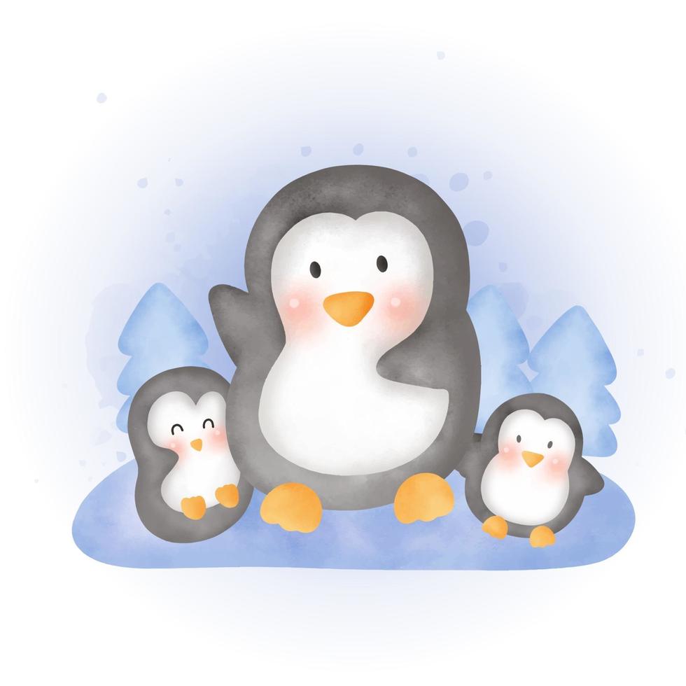 jolie famille de pingouins aquarelle dans la forêt de neige. vecteur