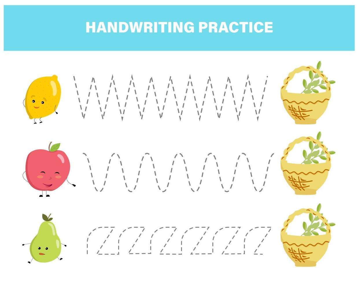 pratique de l'écriture manuscrite pour les enfants d'âge préscolaire. traçant des lignes avec un jeu éducatif pour enfants de fruits colorés. feuille de calcul pour les enfants vecteur