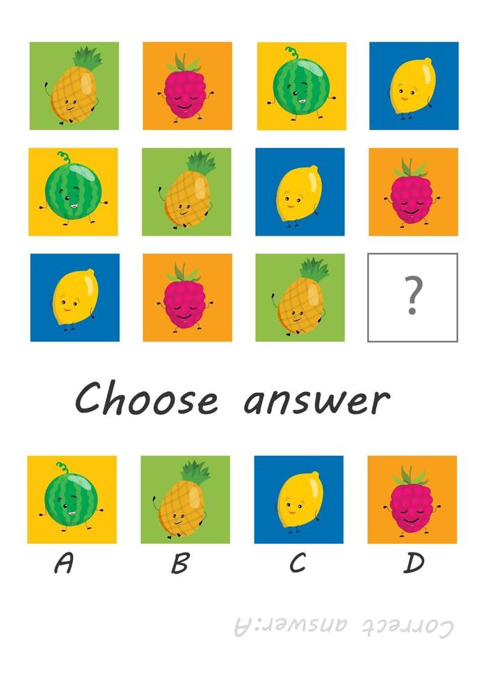 jeu de logique pour enfants, activité pour enfants, tâche pour le développement de la pensée logique et de l'esprit, fruits mignons de bande dessinée vecteur