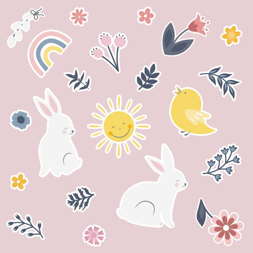 mignonne autocollants avec lapin, fleurs, feuilles et poulet. autocollants pour content Pâques vecteur